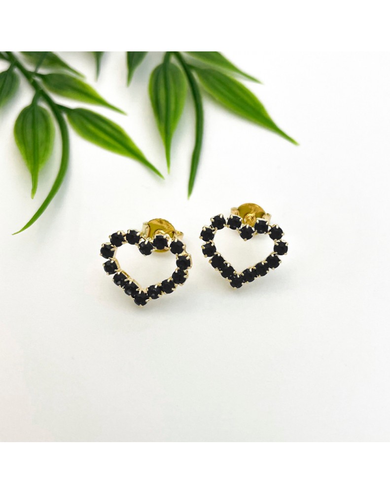 Brinco Coração Pedras Negras Folheado a Ouro 18k