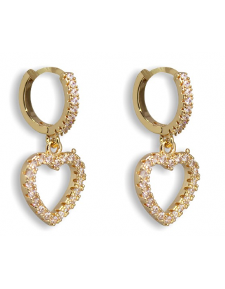 Brinco Argolinha Pendente Coração Zircônia Folheado a Ouro 18K